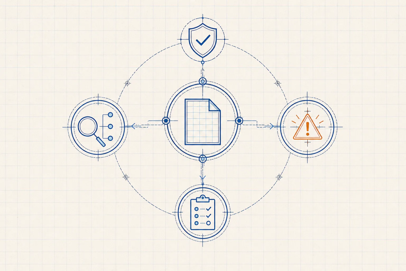 Blueprint diagram of project files connected to inspection, validation, and alert stages